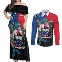 Samoa Couples Matching Off Shoulder Maxi Dress and Long Sleeve Button Shirt Humpback Whale Siapo Pattern