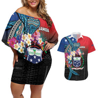 Samoa Couples Matching Off Shoulder Short Dress and Hawaiian Shirt Humpback Whale Siapo Pattern