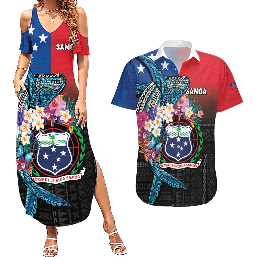 Samoa Couples Matching Summer Maxi Dress and Hawaiian Shirt Humpback Whale Siapo Pattern