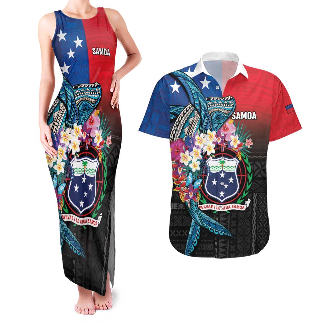 Samoa Couples Matching Tank Maxi Dress and Hawaiian Shirt Humpback Whale Siapo Pattern