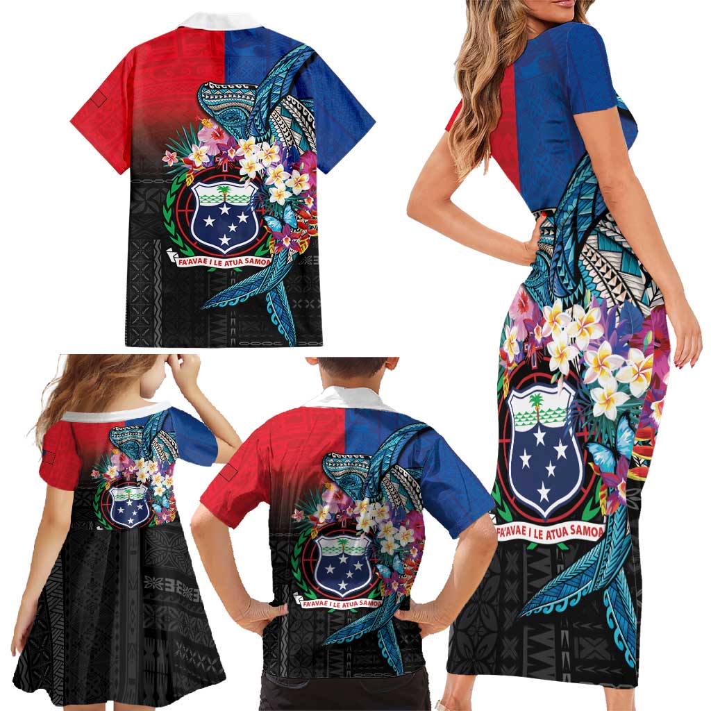 Samoa Family Matching Short Sleeve Bodycon Dress and Hawaiian Shirt Humpback Whale Siapo Pattern