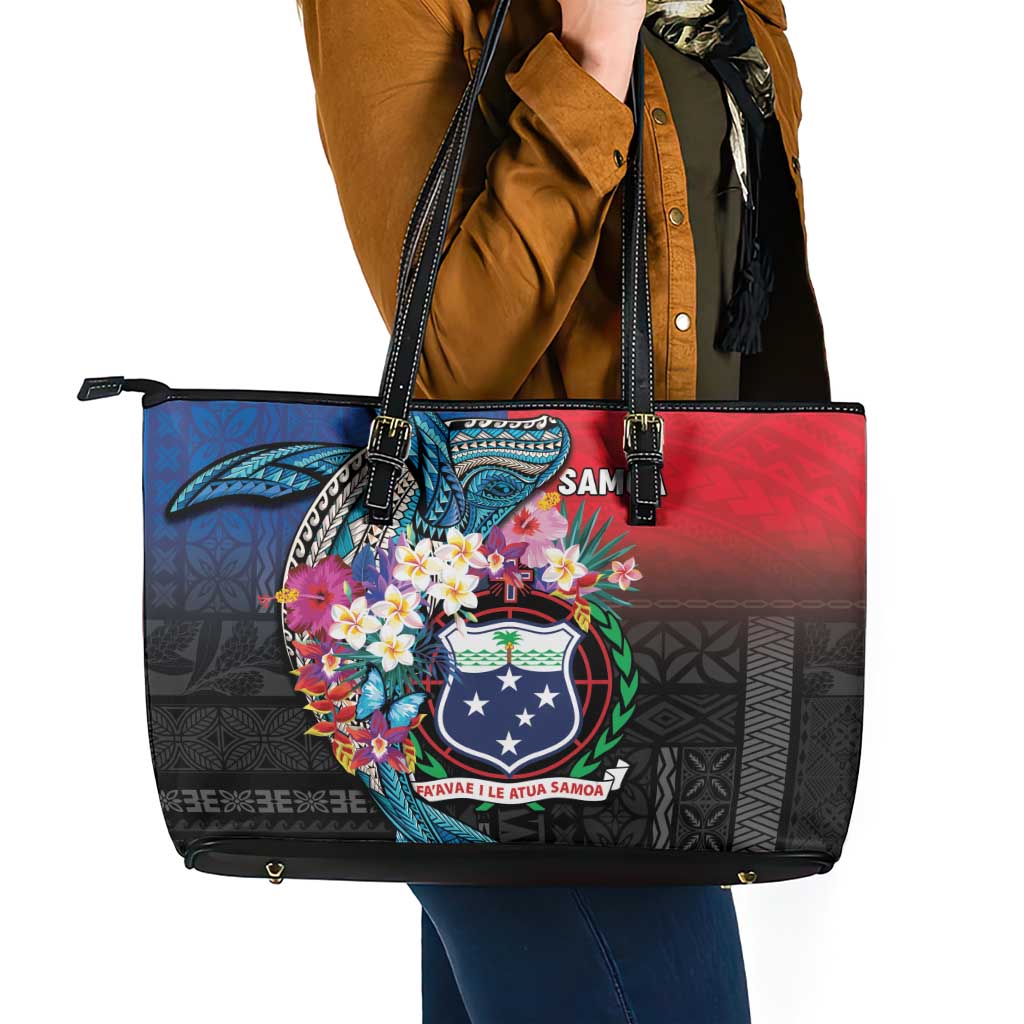 Samoa Leather Tote Bag Humpback Whale Siapo Pattern