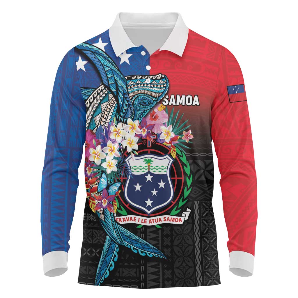 Samoa Long Sleeve Polo Shirt Humpback Whale Siapo Pattern