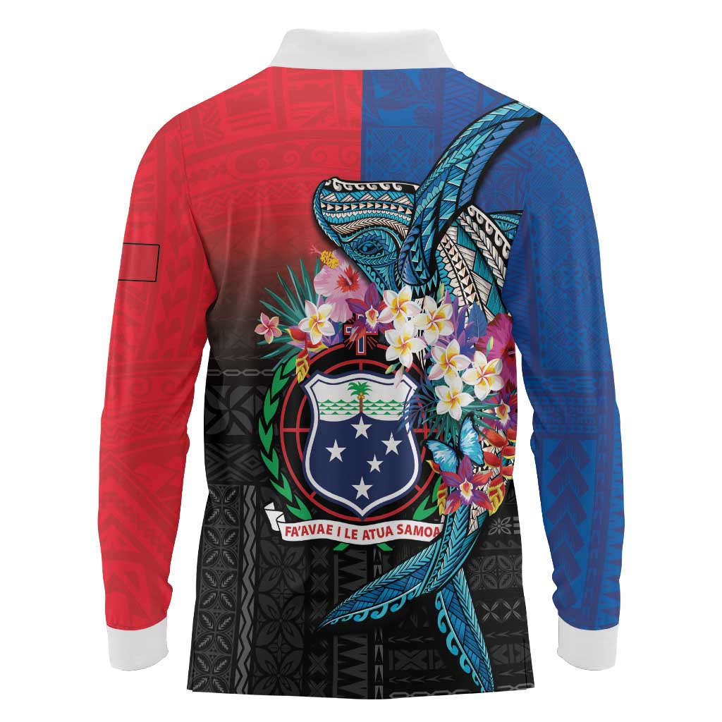 Samoa Long Sleeve Polo Shirt Humpback Whale Siapo Pattern