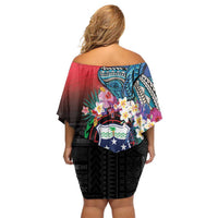 Samoa Off Shoulder Short Dress Humpback Whale Siapo Pattern