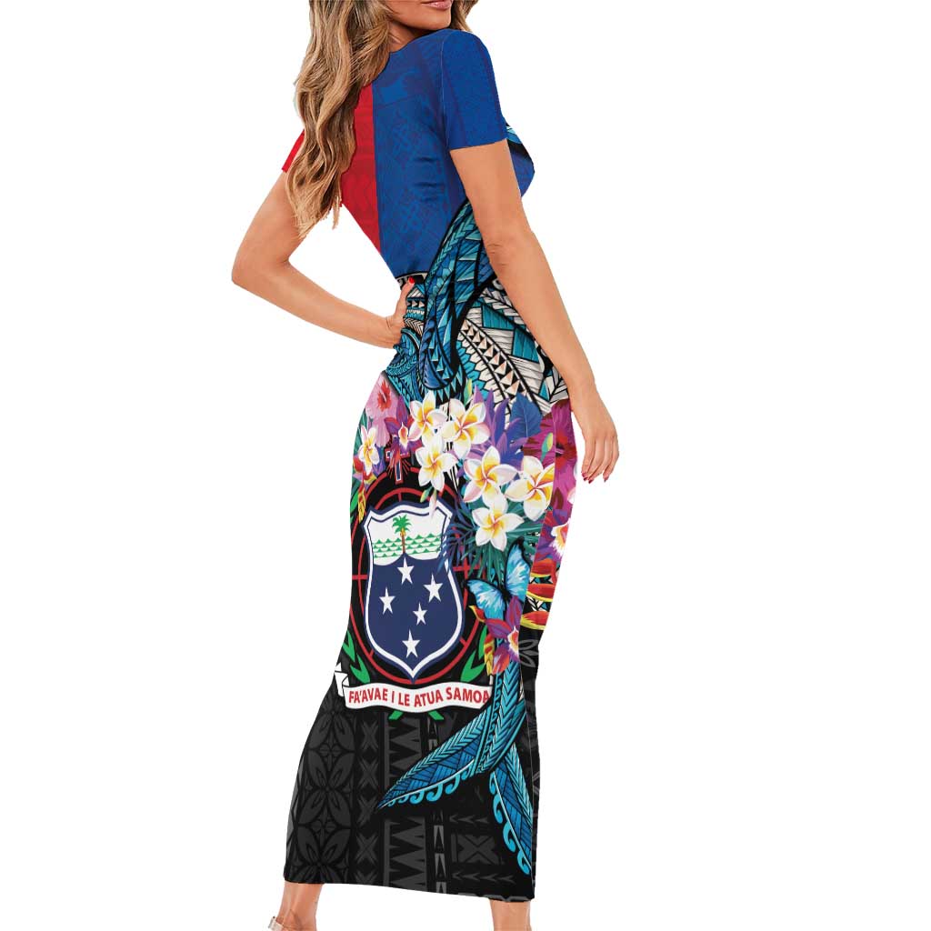 Samoa Short Sleeve Bodycon Dress Humpback Whale Siapo Pattern