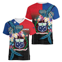 Samoa Women V-Neck T-Shirt Humpback Whale Siapo Pattern