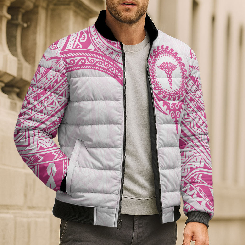 Personalised New Zealand Aotearoa Bomber Puffer Jacket Nurse Tribal Pink Version