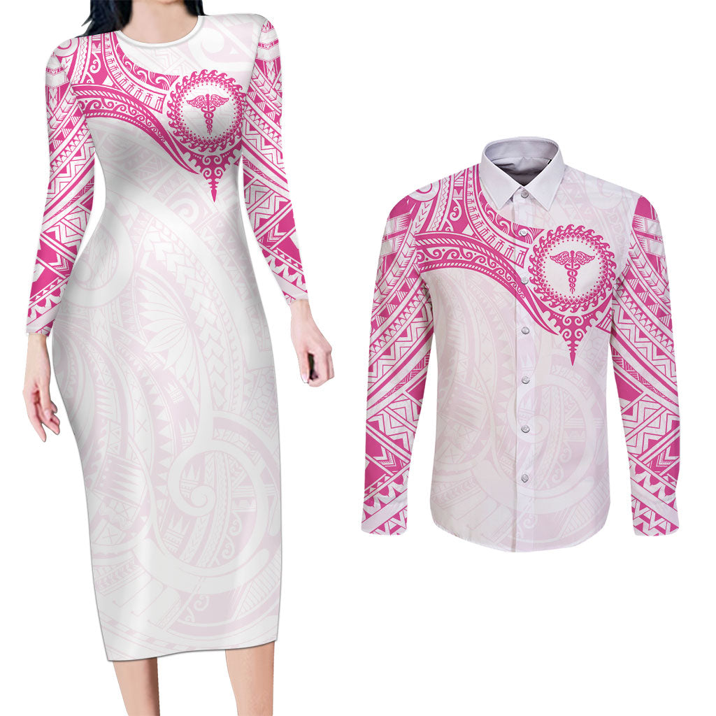 Personalised New Zealand Aotearoa Couples Matching Long Sleeve Bodycon Dress and Long Sleeve Button Shirt Nurse Tribal Pink Version LT05 Pink - Polynesian Pride