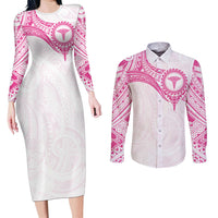Personalised New Zealand Aotearoa Couples Matching Long Sleeve Bodycon Dress and Long Sleeve Button Shirt Nurse Tribal Pink Version LT05 Pink - Polynesian Pride