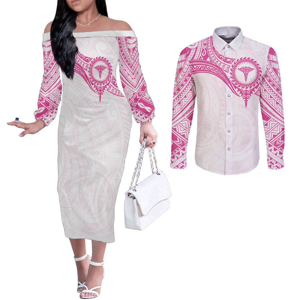 Personalised New Zealand Aotearoa Couples Matching Off The Shoulder Long Sleeve Dress and Long Sleeve Button Shirt Nurse Tribal Pink Version LT05 Pink - Polynesian Pride