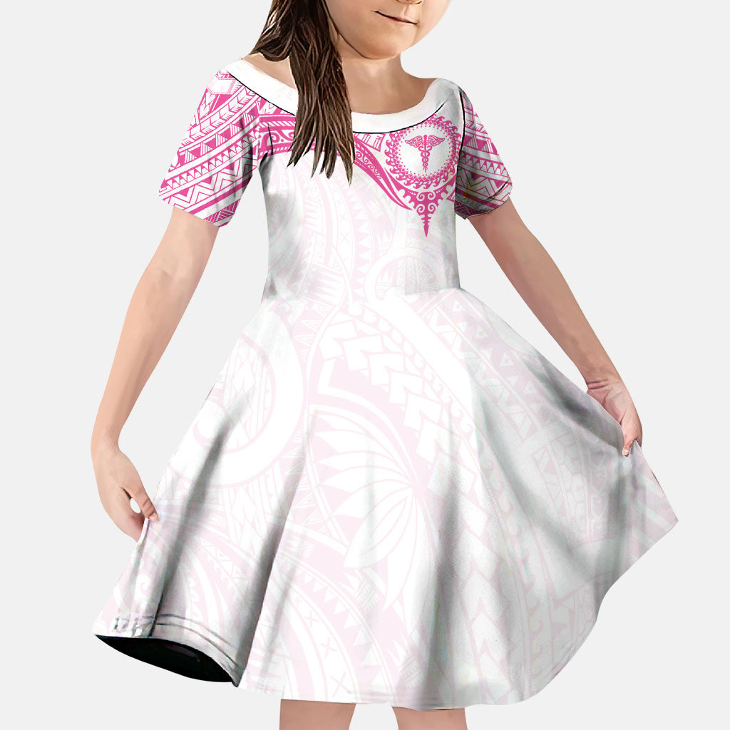 Personalised New Zealand Aotearoa Family Matching Off The Shoulder Long Sleeve Dress and Hawaiian Shirt Nurse Tribal Pink Version LT05 Daughter's Dress Pink - Polynesian Pride