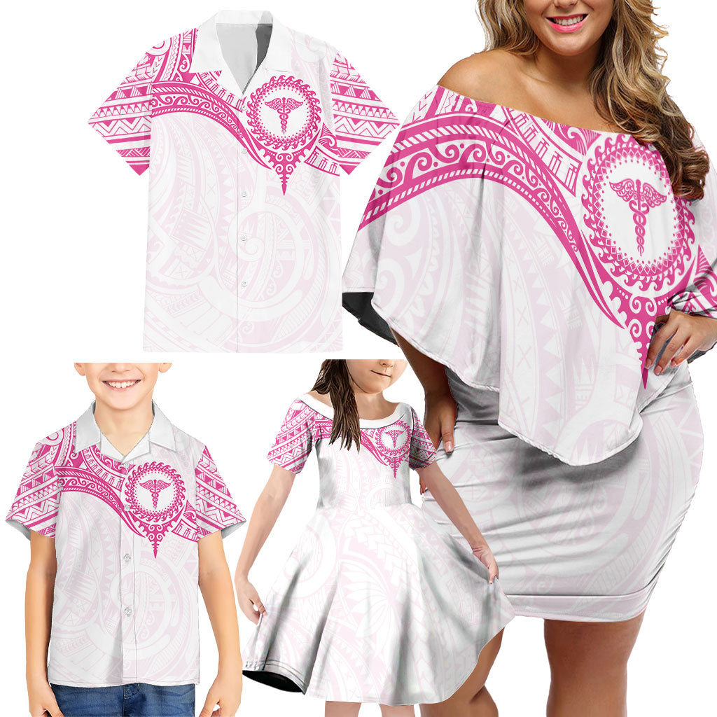 Personalised New Zealand Aotearoa Family Matching Off Shoulder Short Dress and Hawaiian Shirt Nurse Tribal Pink Version LT05 - Polynesian Pride