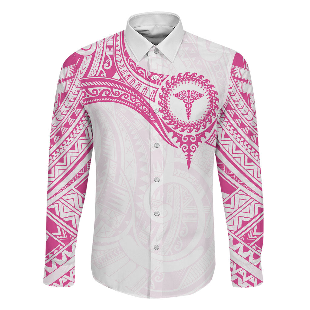 Personalised New Zealand Aotearoa Family Matching Puletasi and Hawaiian Shirt Nurse Tribal Pink Version LT05 Dad's Shirt - Long Sleeve Pink - Polynesian Pride