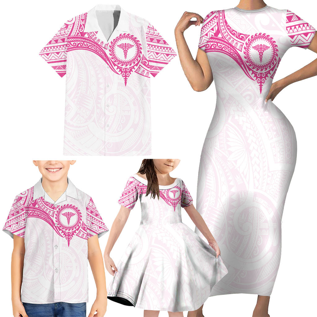 Personalised New Zealand Aotearoa Family Matching Short Sleeve Bodycon Dress and Hawaiian Shirt Nurse Tribal Pink Version