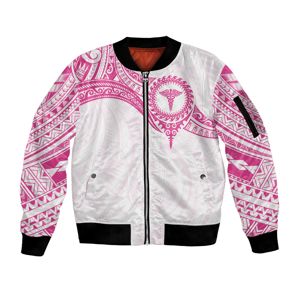 Personalised New Zealand Aotearoa Sleeve Zip Bomber Jacket Nurse Tribal Pink Version