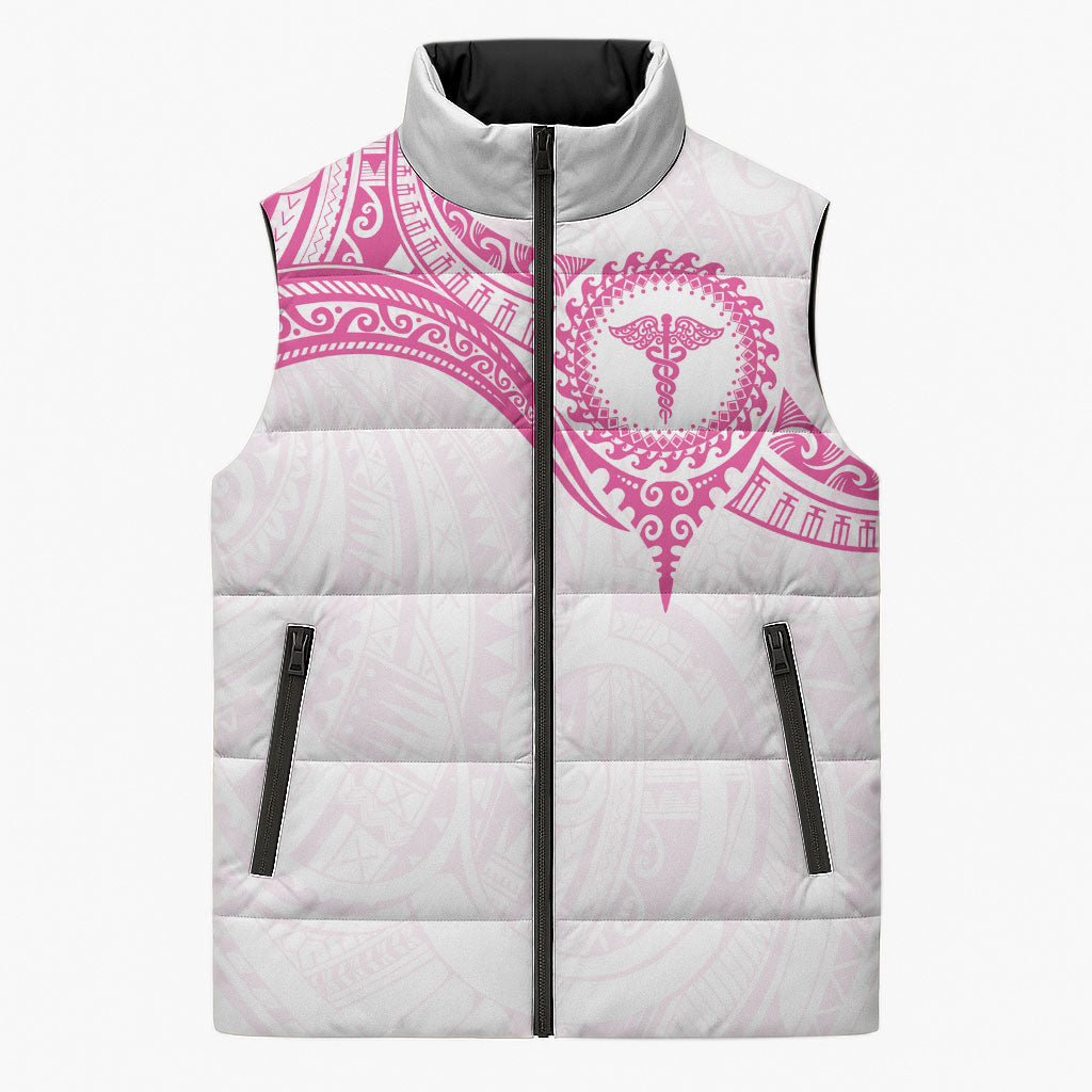 Personalised New Zealand Aotearoa Sleeveless Puffer Jacket Nurse Tribal Pink Version