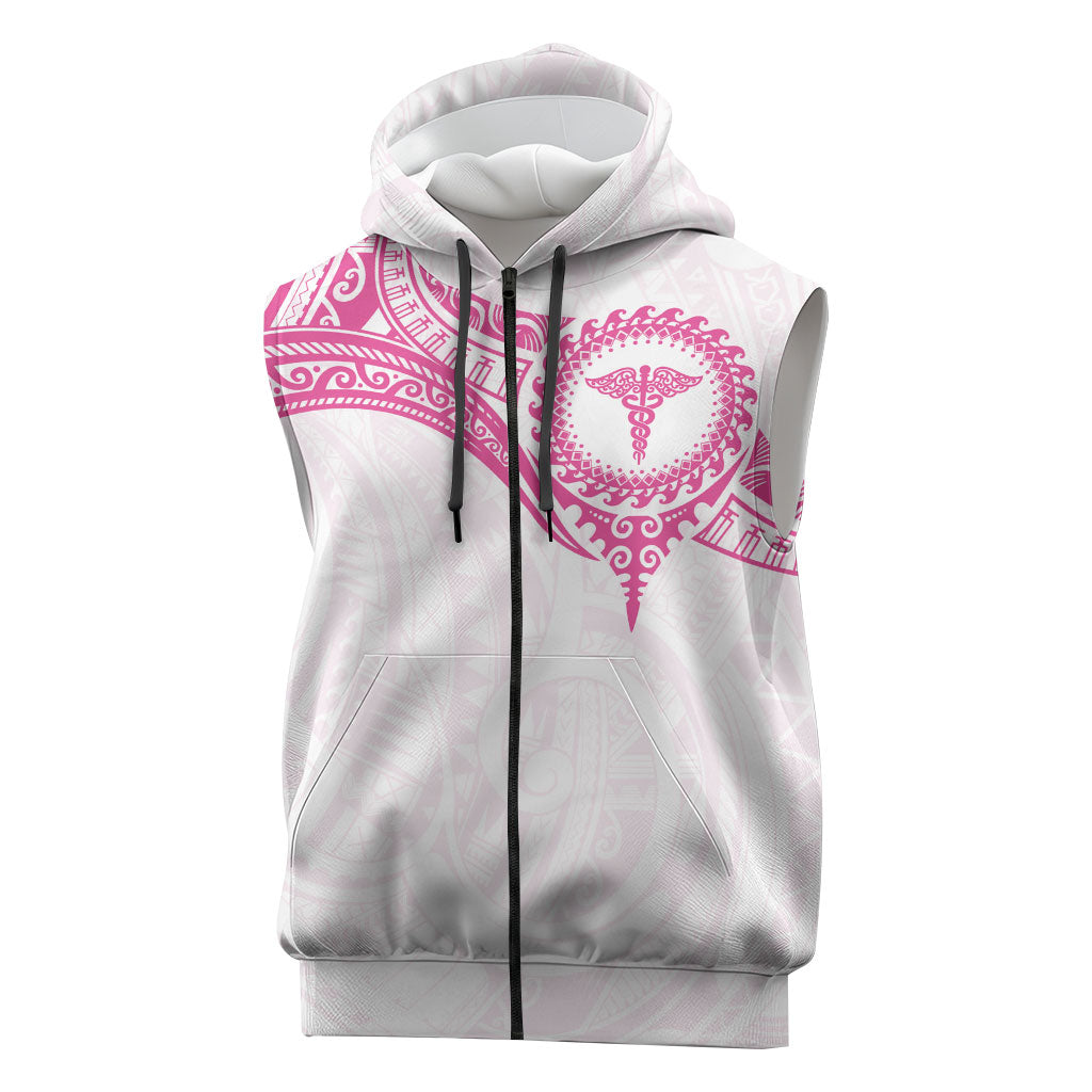 Personalised New Zealand Aotearoa Sleeveless Zip Hoodie Nurse Tribal Pink Version