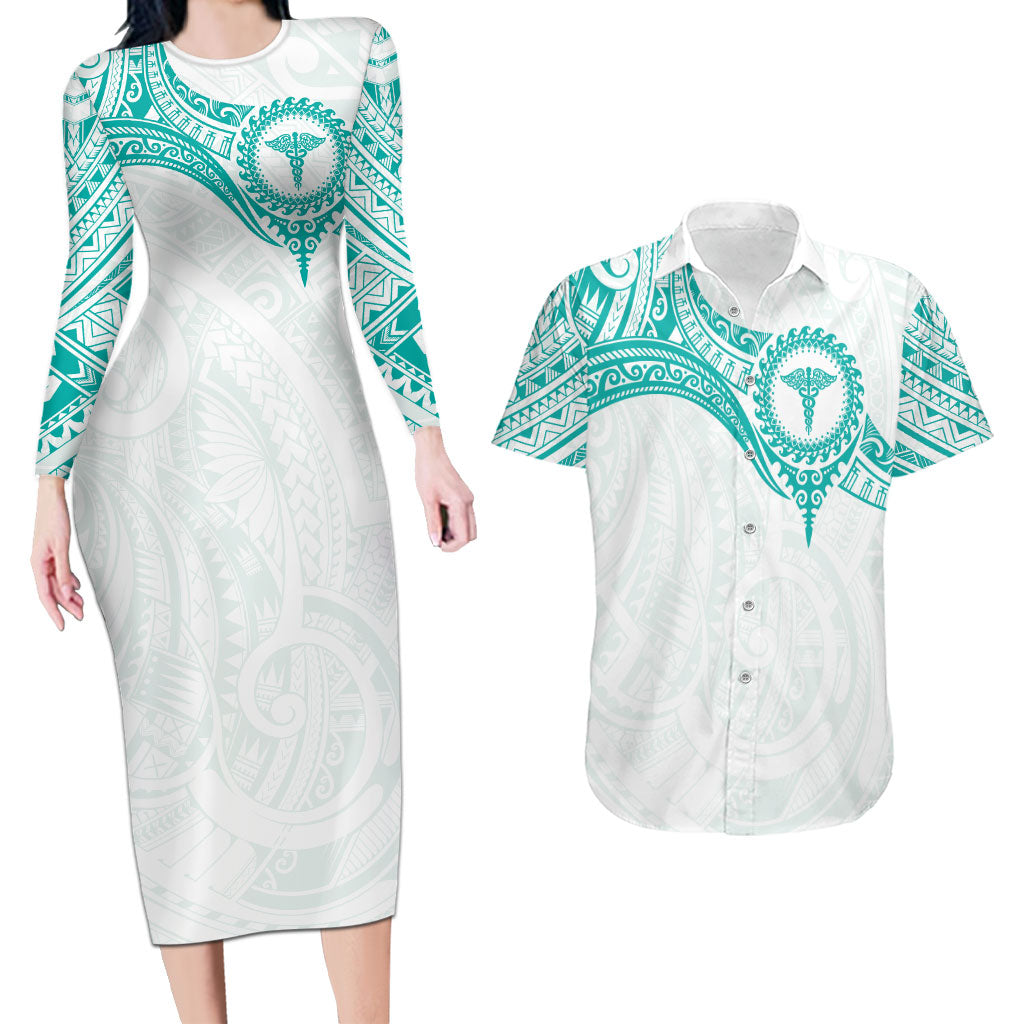 Personalised New Zealand Aotearoa Couples Matching Long Sleeve Bodycon Dress and Hawaiian Shirt Nurse Tribal Teal Version