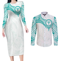 Personalised New Zealand Aotearoa Couples Matching Long Sleeve Bodycon Dress and Long Sleeve Button Shirt Nurse Tribal Teal Version LT05 Teal - Polynesian Pride