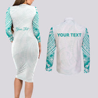 Personalised New Zealand Aotearoa Couples Matching Long Sleeve Bodycon Dress and Long Sleeve Button Shirt Nurse Tribal Teal Version LT05 - Polynesian Pride