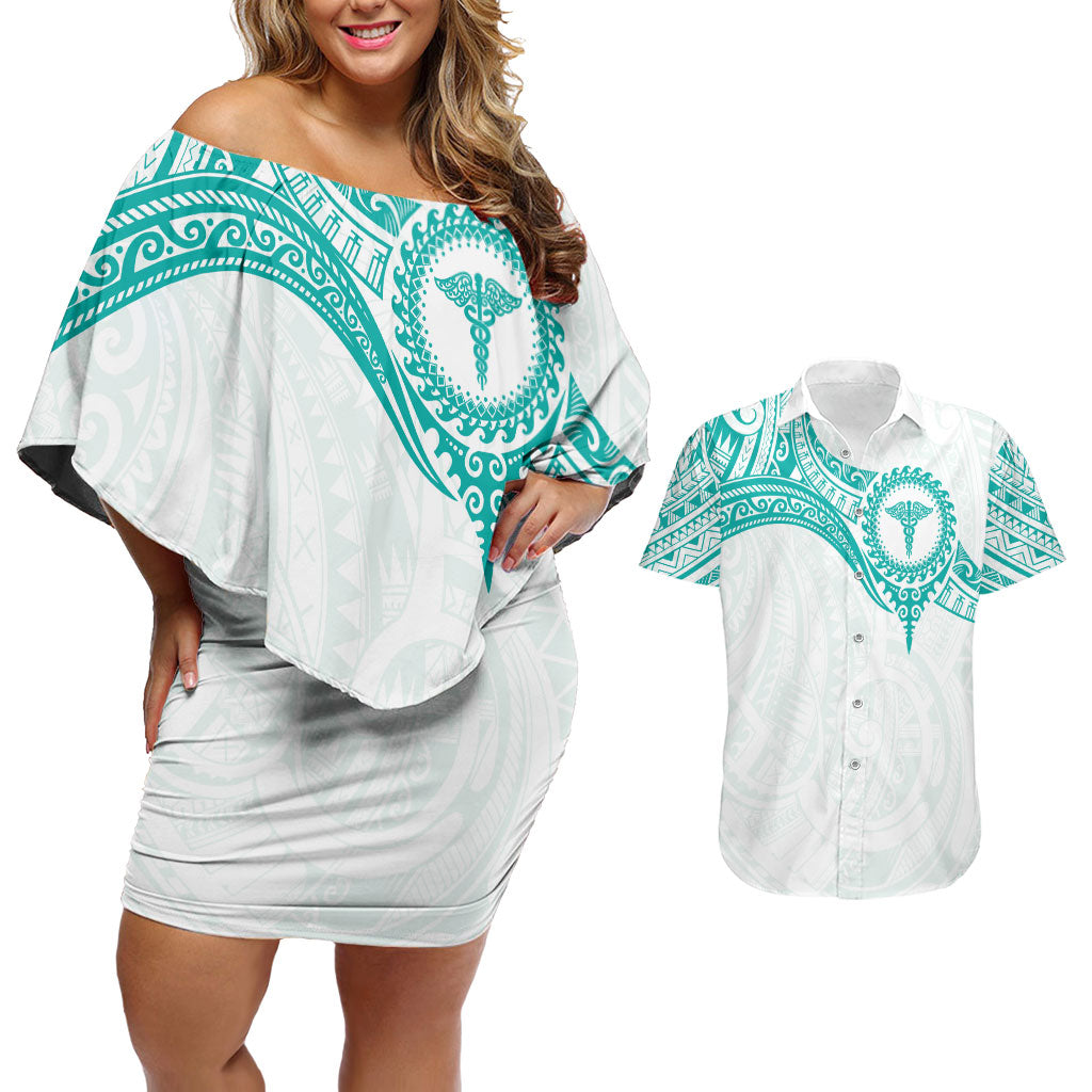 Personalised New Zealand Aotearoa Couples Matching Off Shoulder Short Dress and Hawaiian Shirt Nurse Tribal Teal Version LT05 Teal - Polynesian Pride