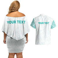 Personalised New Zealand Aotearoa Couples Matching Off Shoulder Short Dress and Hawaiian Shirt Nurse Tribal Teal Version LT05 - Polynesian Pride