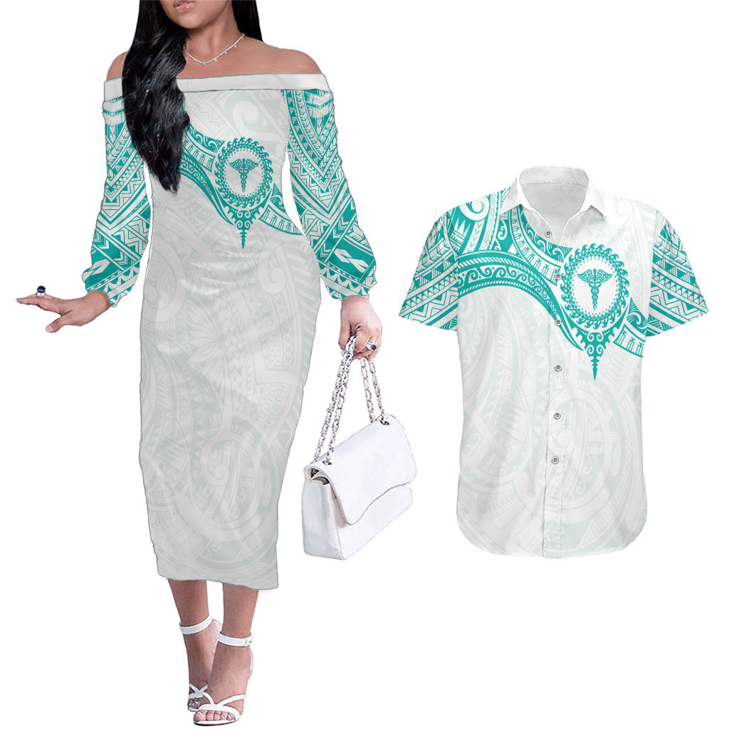 Personalised New Zealand Aotearoa Couples Matching Off The Shoulder Long Sleeve Dress and Hawaiian Shirt Nurse Tribal Teal Version LT05 Teal - Polynesian Pride