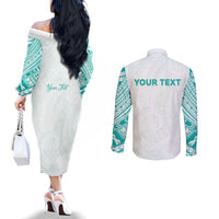 Personalised New Zealand Aotearoa Couples Matching Off The Shoulder Long Sleeve Dress and Long Sleeve Button Shirt Nurse Tribal Teal Version LT05 - Polynesian Pride