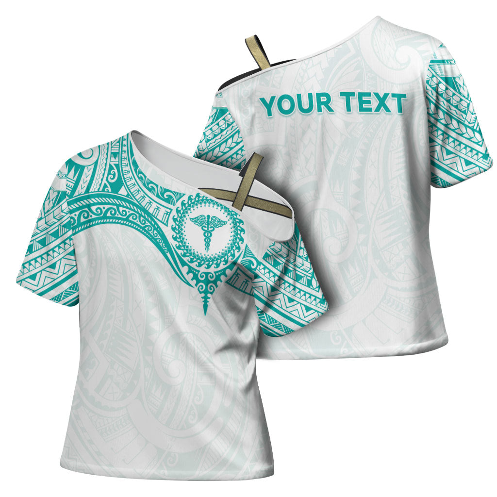 Personalised New Zealand Aotearoa Cross Shoulder Shirt Nurse Tribal Teal Version
