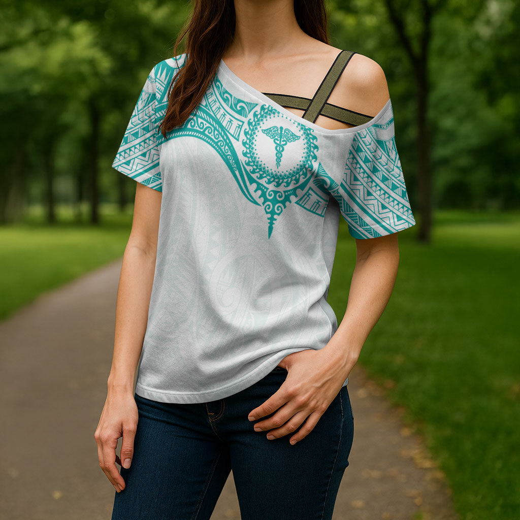 Personalised New Zealand Aotearoa Cross Shoulder Shirt Nurse Tribal Teal Version