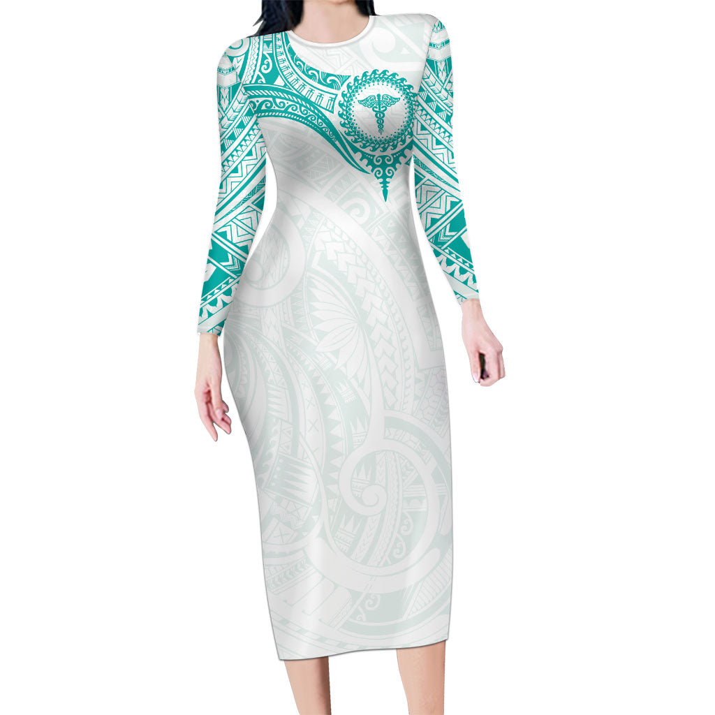 Personalised New Zealand Aotearoa Family Matching Long Sleeve Bodycon Dress and Hawaiian Shirt Nurse Tribal Teal Version LT05 Mom's Dress Teal - Polynesian Pride