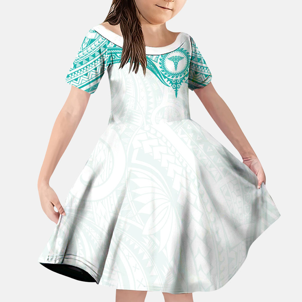 Personalised New Zealand Aotearoa Family Matching Off The Shoulder Long Sleeve Dress and Hawaiian Shirt Nurse Tribal Teal Version LT05 Daughter's Dress Teal - Polynesian Pride