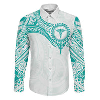 Personalised New Zealand Aotearoa Family Matching Off Shoulder Short Dress and Hawaiian Shirt Nurse Tribal Teal Version LT05 Dad's Shirt - Long Sleeve Teal - Polynesian Pride
