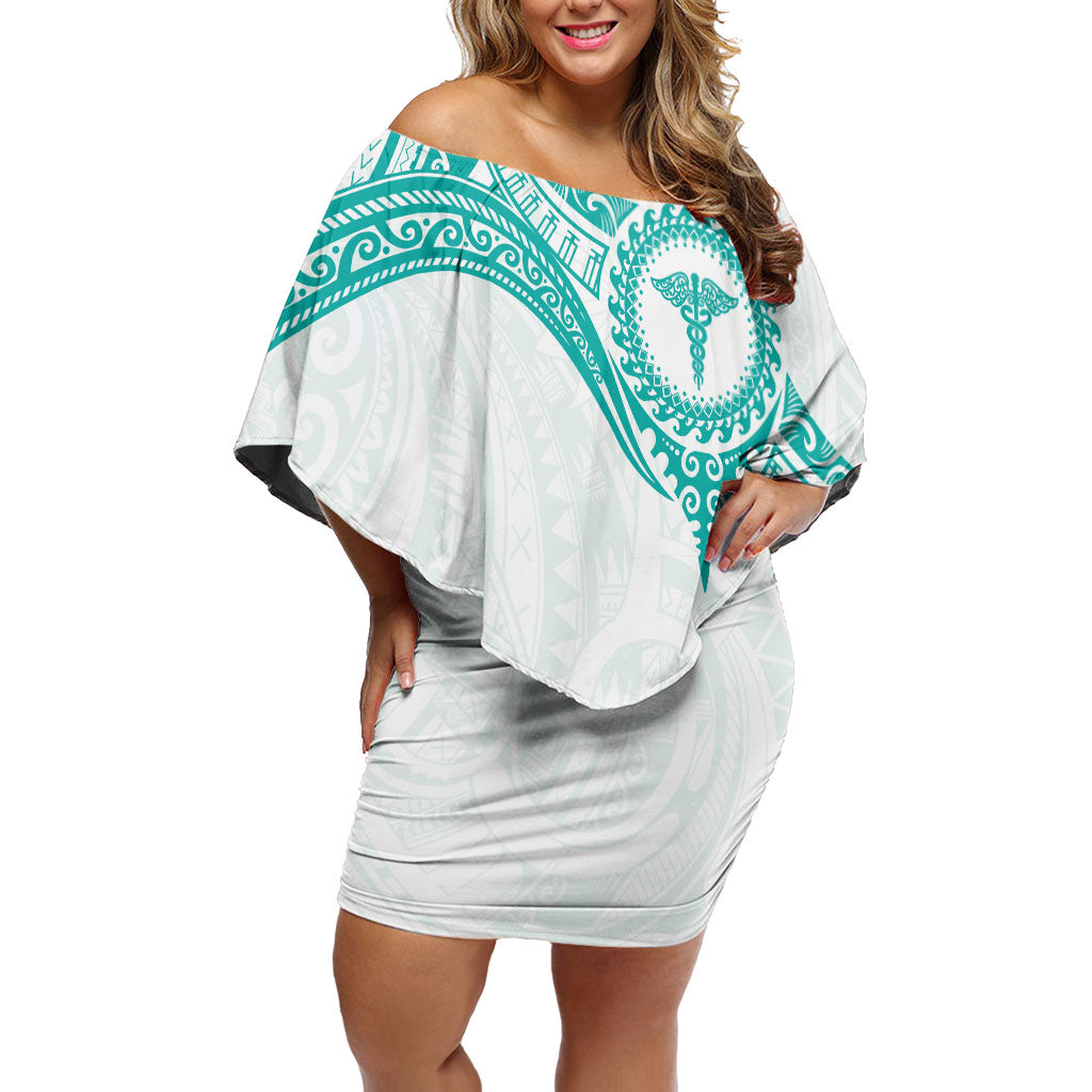 Personalised New Zealand Aotearoa Family Matching Off Shoulder Short Dress and Hawaiian Shirt Nurse Tribal Teal Version LT05 Mom's Dress Teal - Polynesian Pride