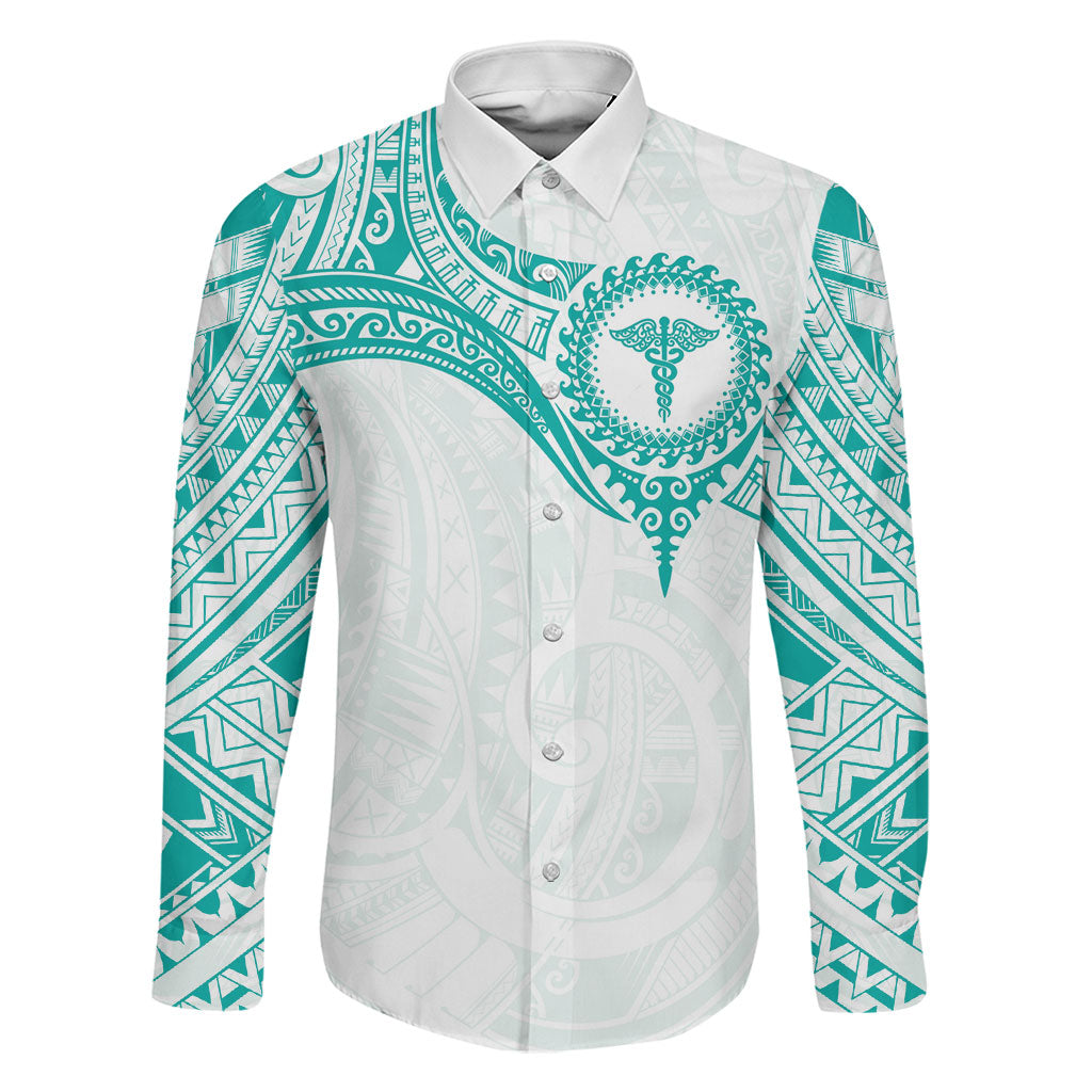 Personalised New Zealand Aotearoa Family Matching Puletasi and Hawaiian Shirt Nurse Tribal Teal Version LT05 Dad's Shirt - Long Sleeve Teal - Polynesian Pride