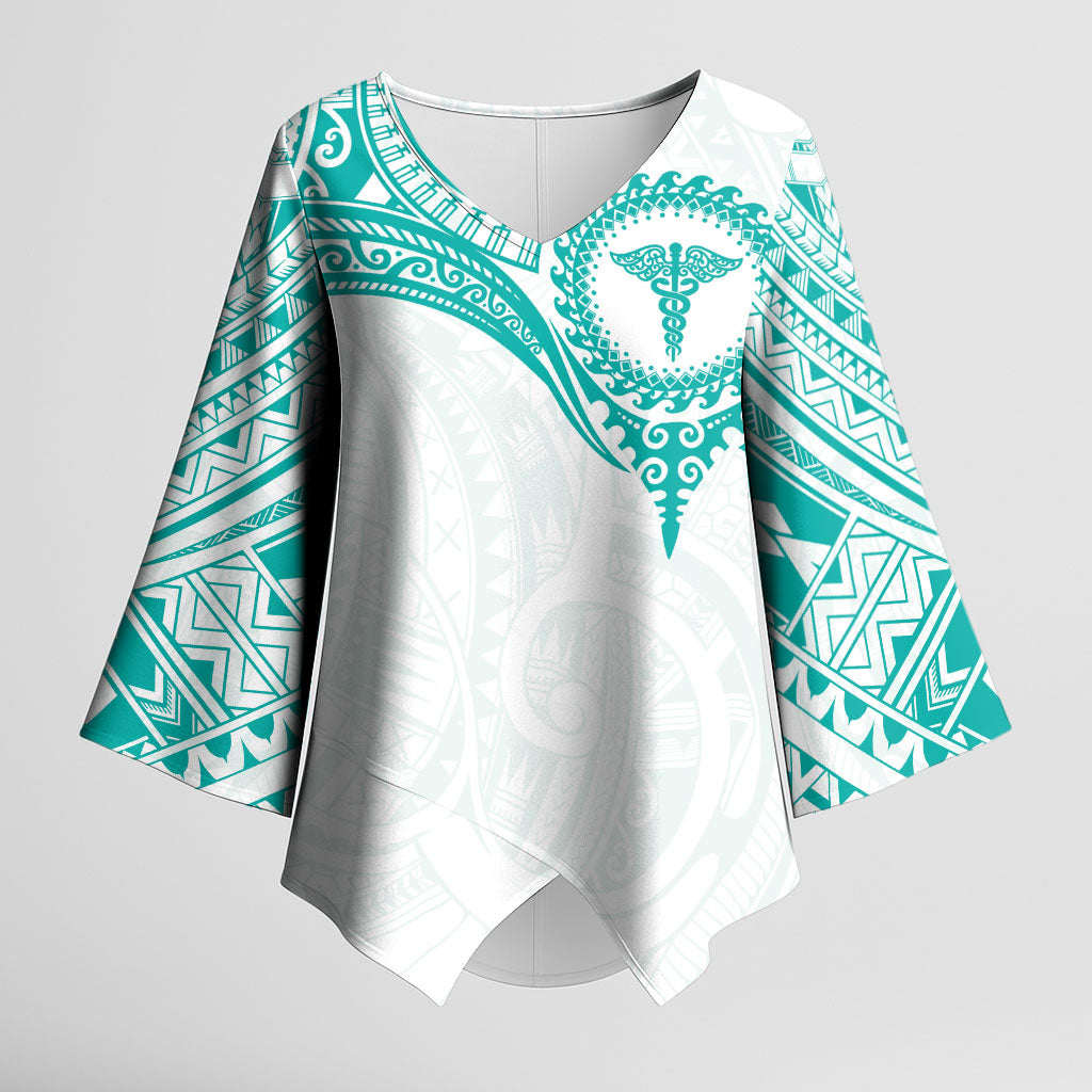 Personalised New Zealand Aotearoa Kimono Sleeve Blouse Nurse Tribal Teal Version