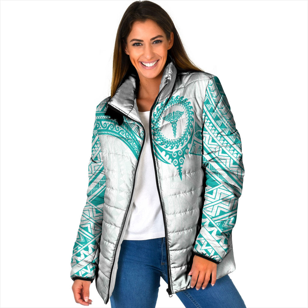 Personalised New Zealand Aotearoa Padded Jacket Nurse Tribal Teal Version