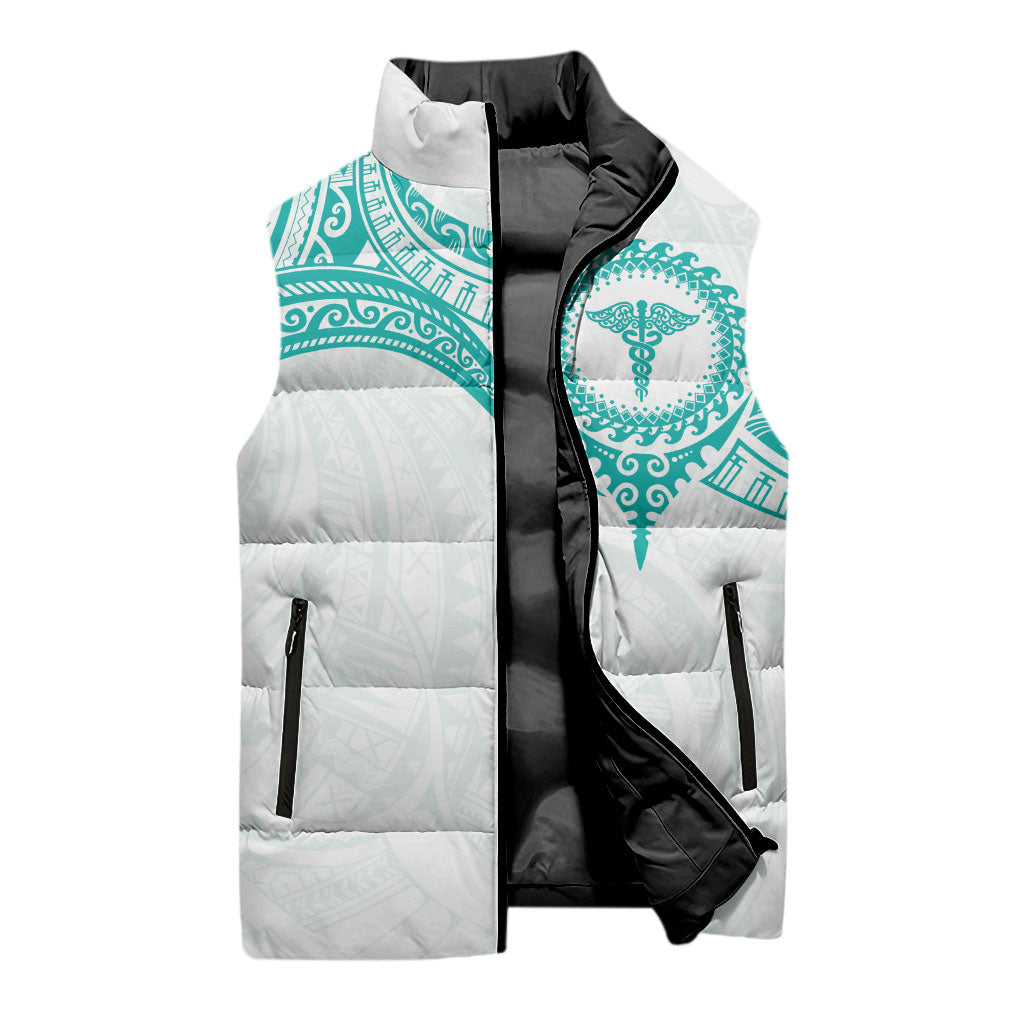 Personalised New Zealand Aotearoa Sleeveless Puffer Jacket Nurse Tribal Teal Version