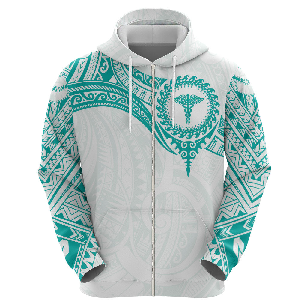 Personalised New Zealand Aotearoa Zip Hoodie Nurse Tribal Teal Version