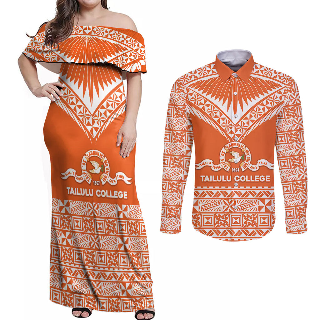 Personalised Tonga Tailulu College Couples Matching Off Shoulder Maxi Dress and Long Sleeve Button Shirt Tongan Kupesi Pattern