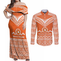 Personalised Tonga Tailulu College Couples Matching Off Shoulder Maxi Dress and Long Sleeve Button Shirt Tongan Kupesi Pattern