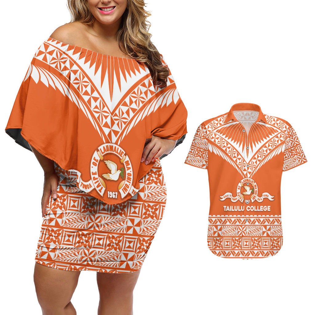 Personalised Tonga Tailulu College Couples Matching Off Shoulder Short Dress and Hawaiian Shirt Tongan Kupesi Pattern