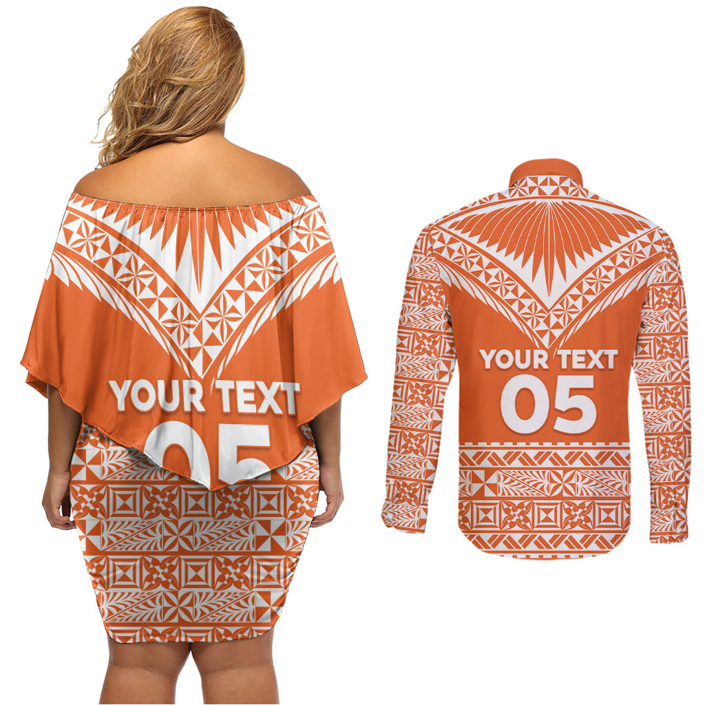 Personalised Tonga Tailulu College Couples Matching Off Shoulder Short Dress and Long Sleeve Button Shirt Tongan Kupesi Pattern