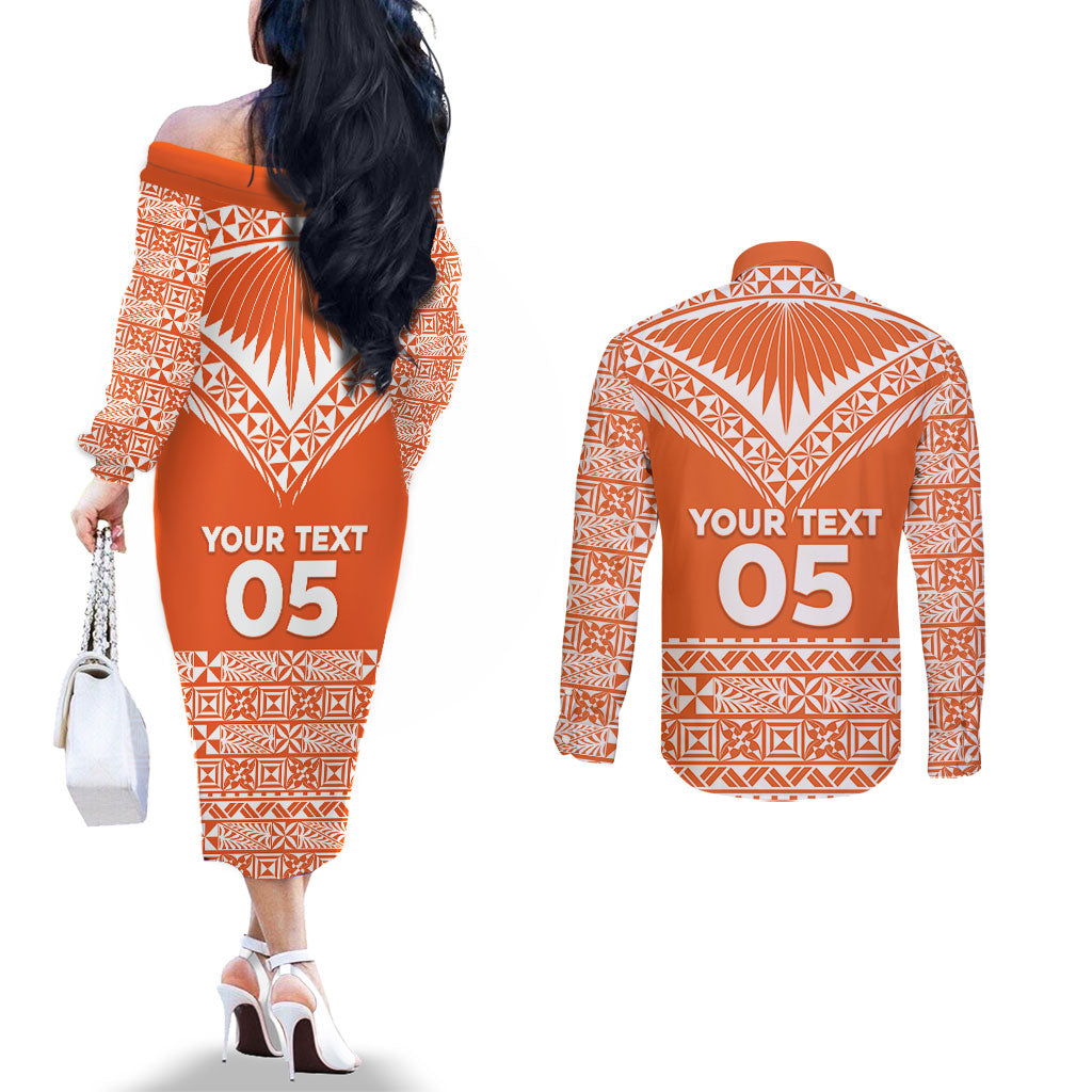 Personalised Tonga Tailulu College Couples Matching Off The Shoulder Long Sleeve Dress and Long Sleeve Button Shirt Tongan Kupesi Pattern