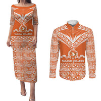 Personalised Tonga Tailulu College Couples Matching Puletasi and Long Sleeve Button Shirt Tongan Kupesi Pattern
