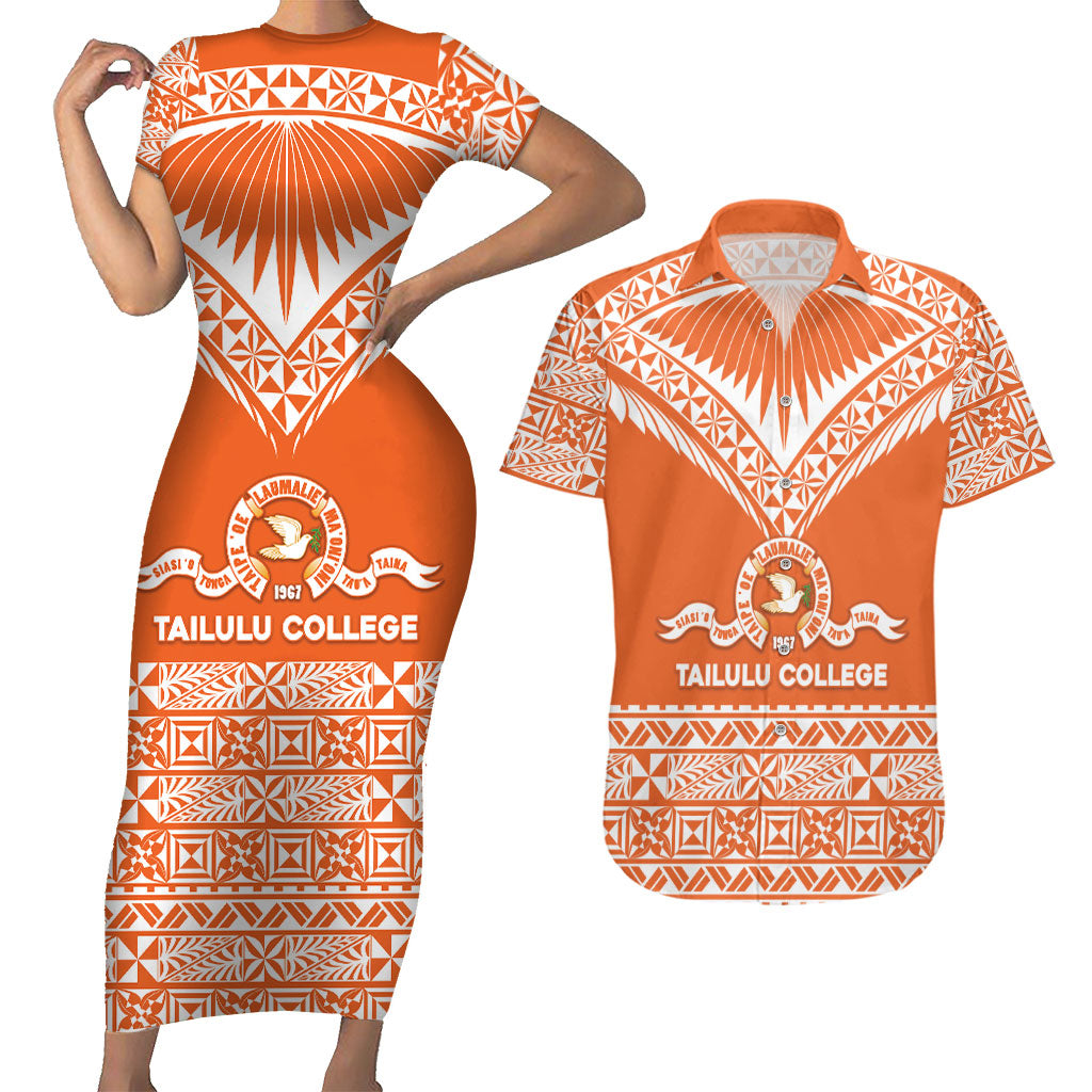Personalised Tonga Tailulu College Couples Matching Short Sleeve Bodycon Dress and Hawaiian Shirt Tongan Kupesi Pattern