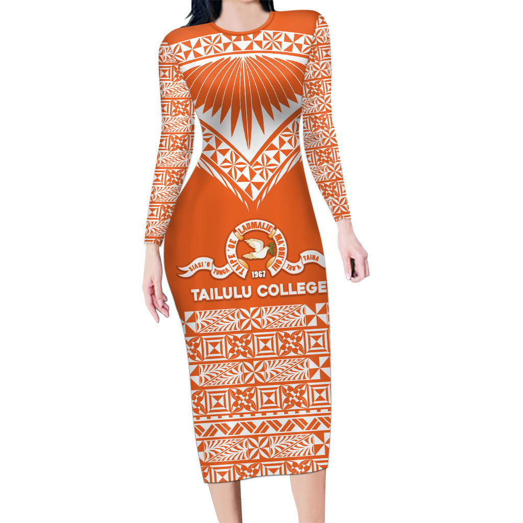Personalised Tonga Tailulu College Family Matching Long Sleeve Bodycon Dress and Hawaiian Shirt Tongan Kupesi Pattern LT05 Mom's Dress Orange - Polynesian Pride