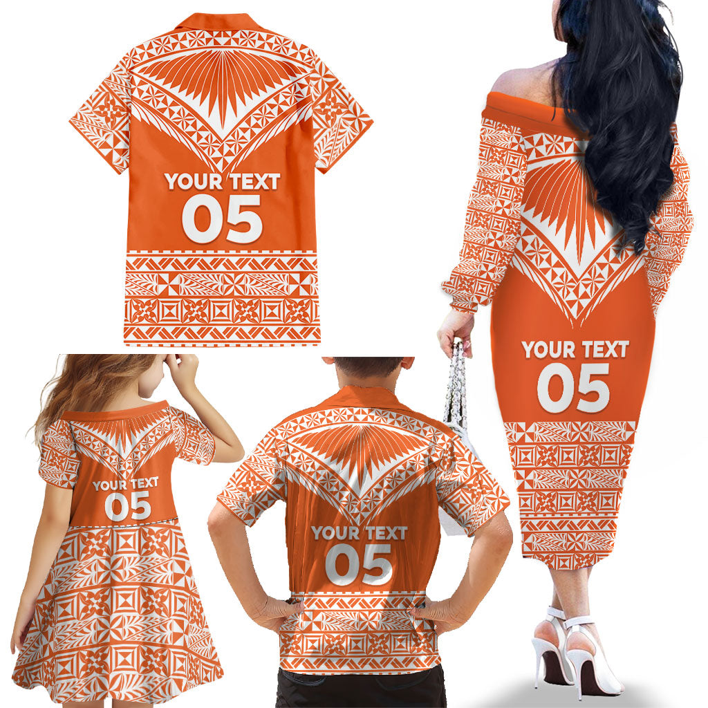 Personalised Tonga Tailulu College Family Matching Off The Shoulder Long Sleeve Dress and Hawaiian Shirt Tongan Kupesi Pattern LT05 - Polynesian Pride
