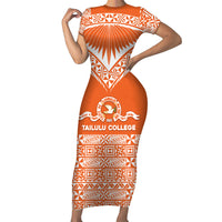Personalised Tonga Tailulu College Short Sleeve Bodycon Dress Tongan Kupesi Pattern